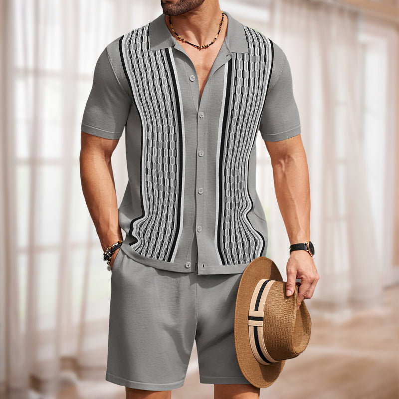 Men's Knit Shirt and Shorts Set – Geometric Textured Panels