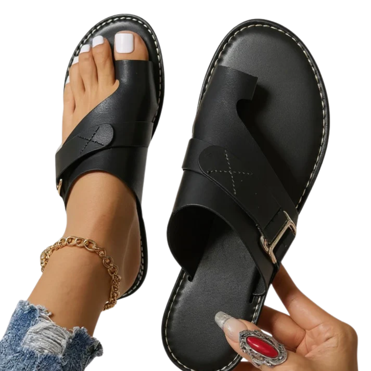 Women's Leather Flat Sandals – Square Toe Buckle Strap