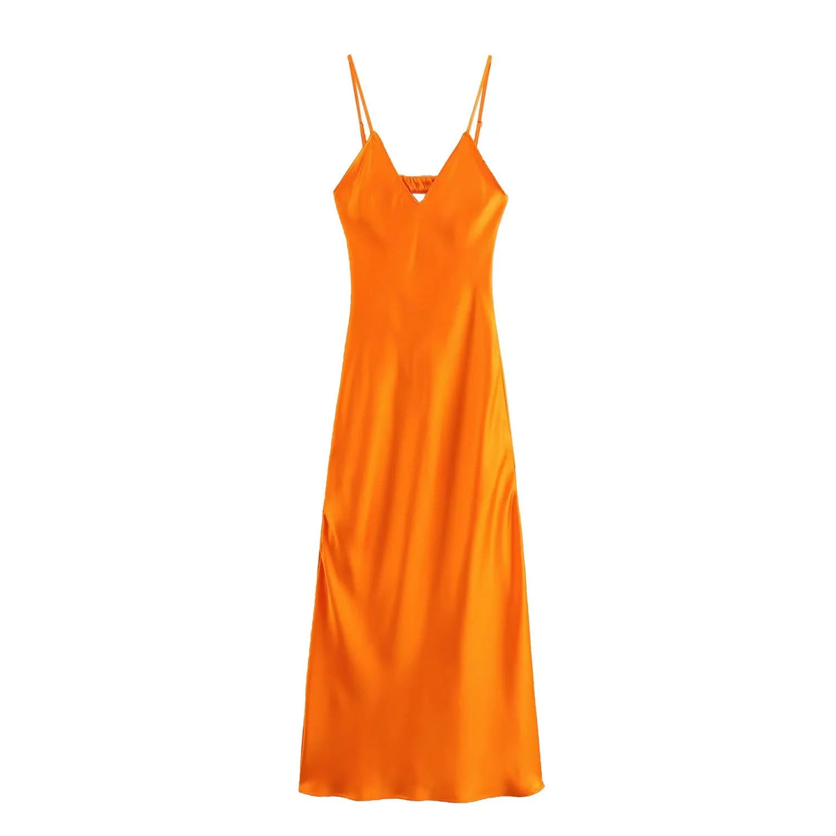 Women's Satin-Look Slip Maxi Dress – V-Neck Spaghetti Straps