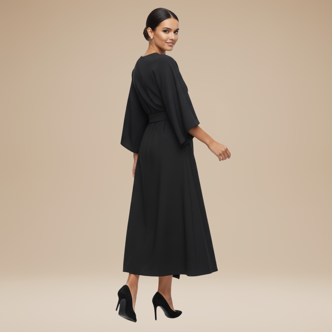 Women's Belted Wrap Midi Dress – Wide Flowing Sleeves
