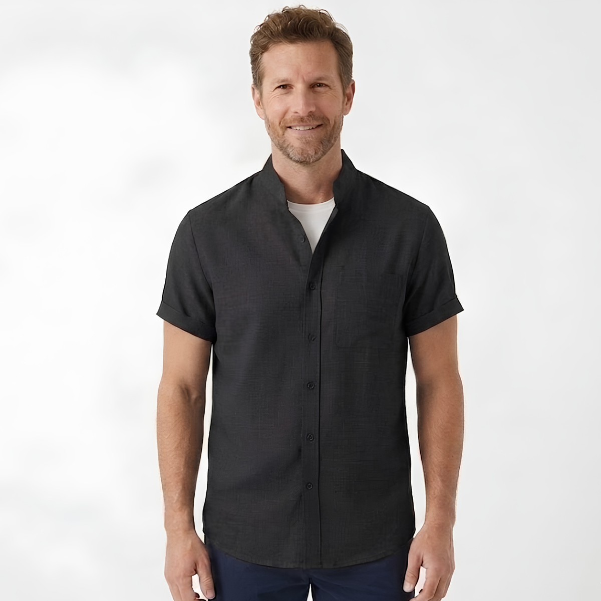 Men's Short-Sleeve Cotton-Linen Shirt – Mandarin Collar