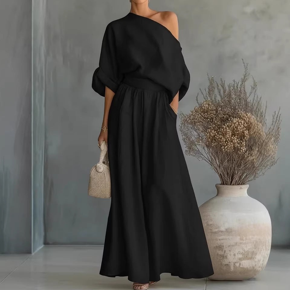 Women's Linen Two-Piece Set – Draped Blouse & Wide-Leg Pants
