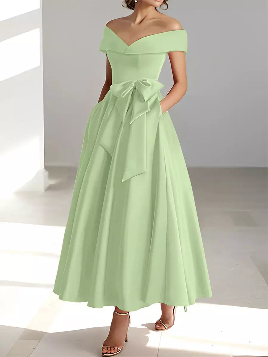 Women's Satin A-Line Dress – Off-Shoulder Ankle Length