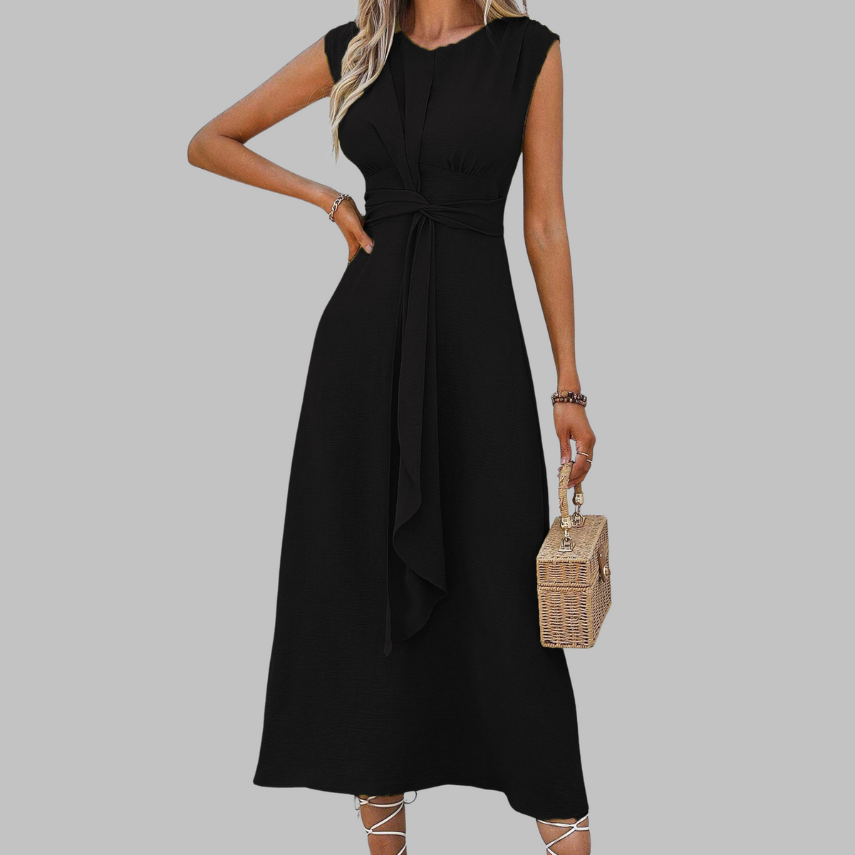 Women's Sleeveless Midi Dress – Crew Neck Tie Waist