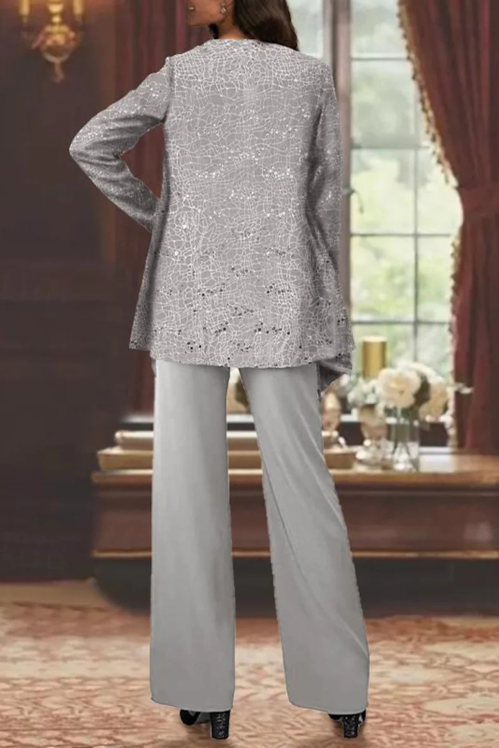 Women's Sequin Lace Suit Set – Three-Piece Wide-Leg