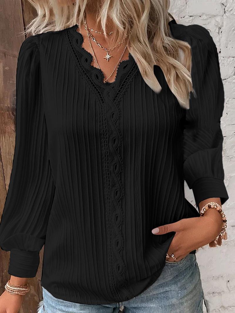 Women's Lace-Trim Blouse – Loose V-Neck Fit