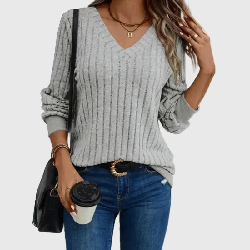 Women's V-Neck Knit Top – Brushed Rib Stripe