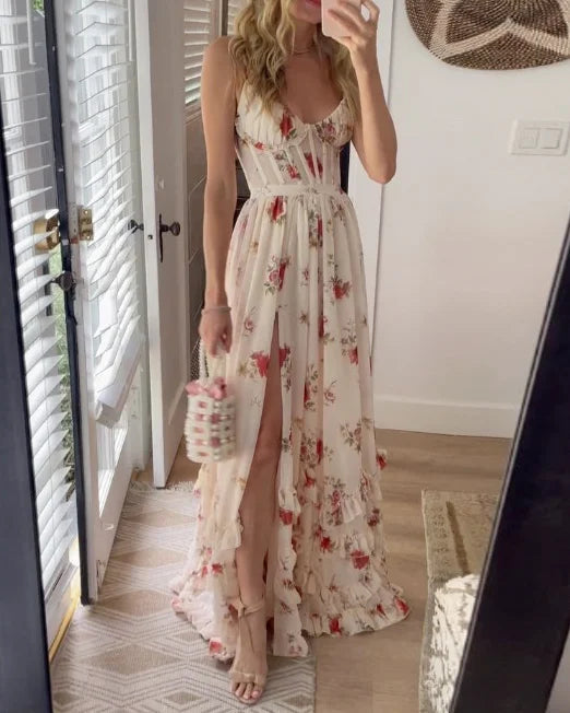 Women's Floral Lace-Up Maxi Dress – Fitted With Side Slit