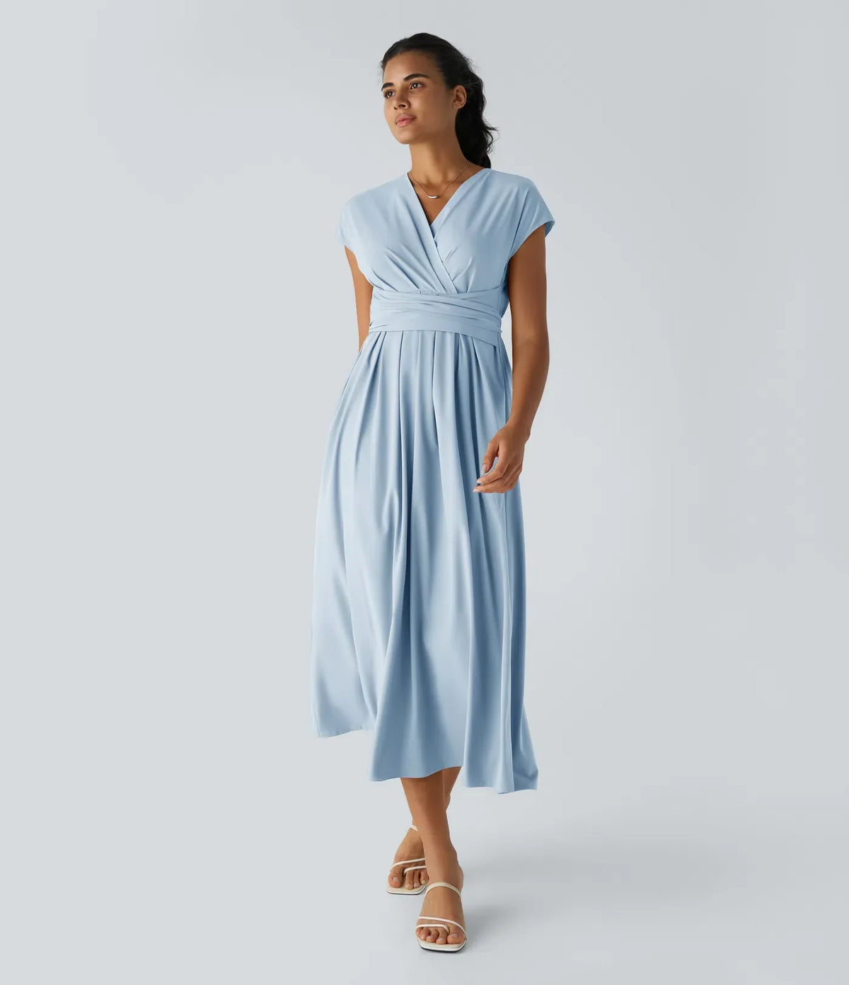 Women's V-Neck Midi Dress – Elastic Waist Flared Fit