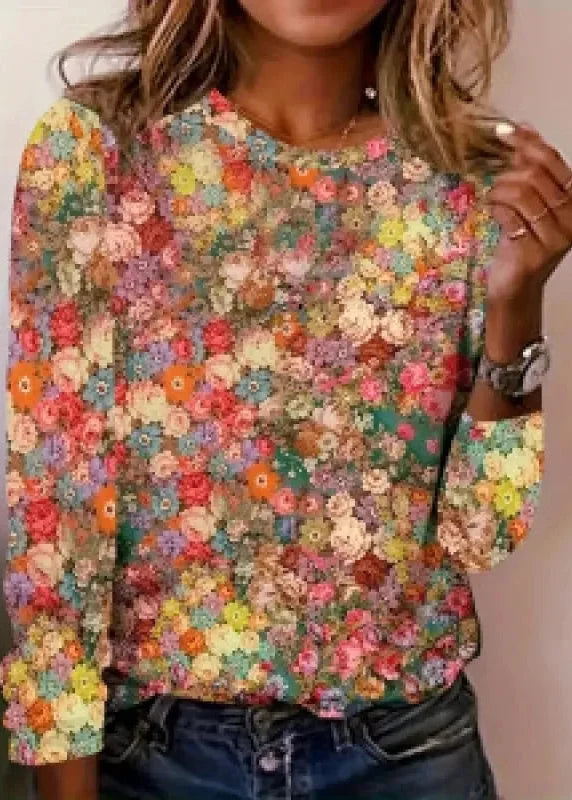 Women's Long Sleeve Knit Top – Ombré Floral Crew Neck