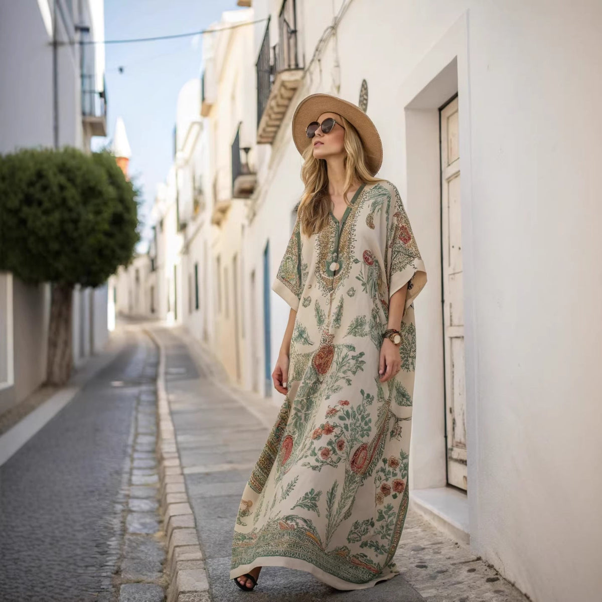 Women's Kaftan Maxi Dress – V-Neck Stripe Trim