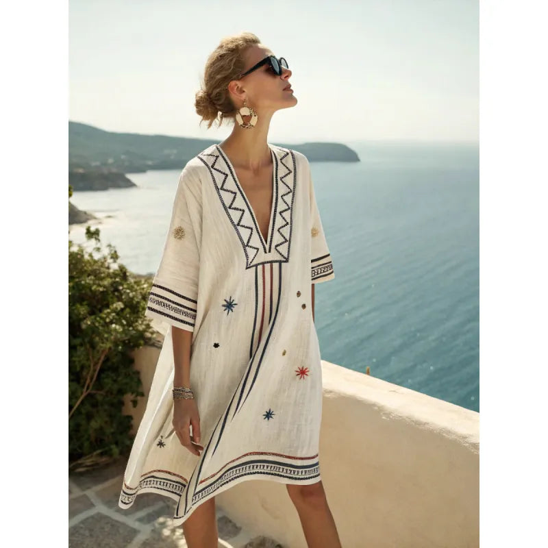Women's Cotton Kaftan Dress – V-Neck Striped Trim