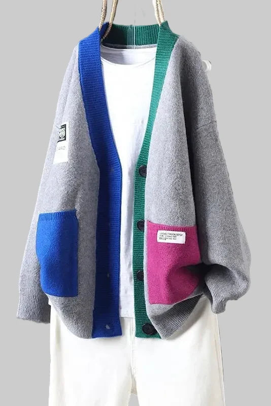 Women's Oversized V-Neck Cardigan – Two-Tone Patchwork Knit