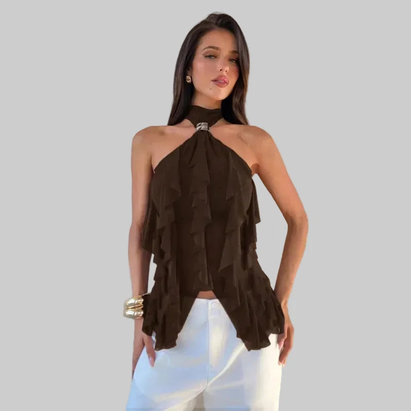 Women's Ruffle Halter Top – Cascading Layered Drape