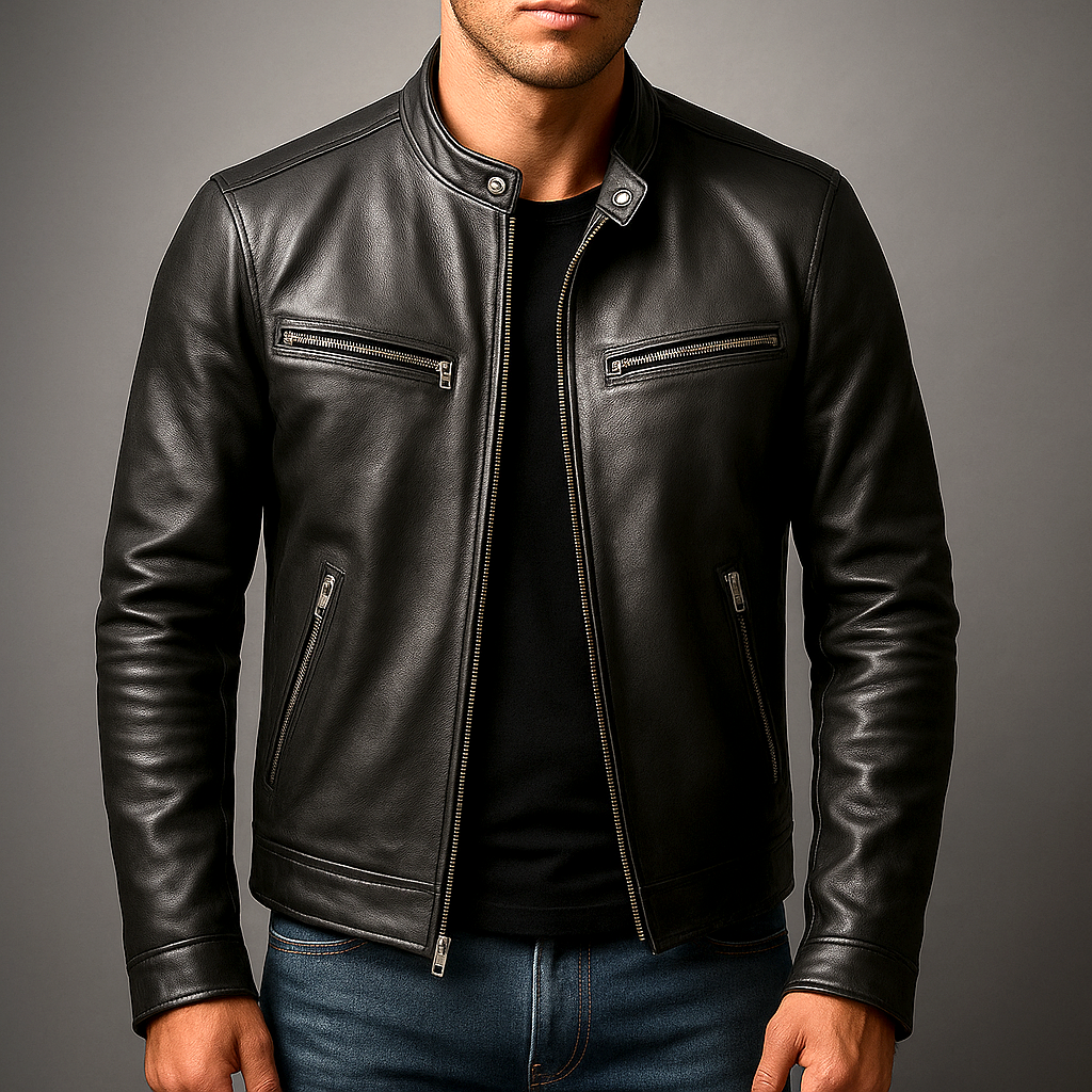 Men's Leather Jacket – Stand Collar Zip Front