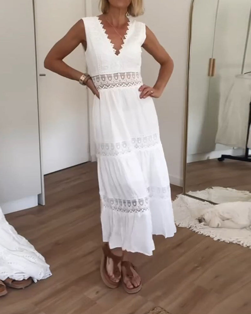 Women's Lace Midi Dress – Tiered Sleeveless V-Neck