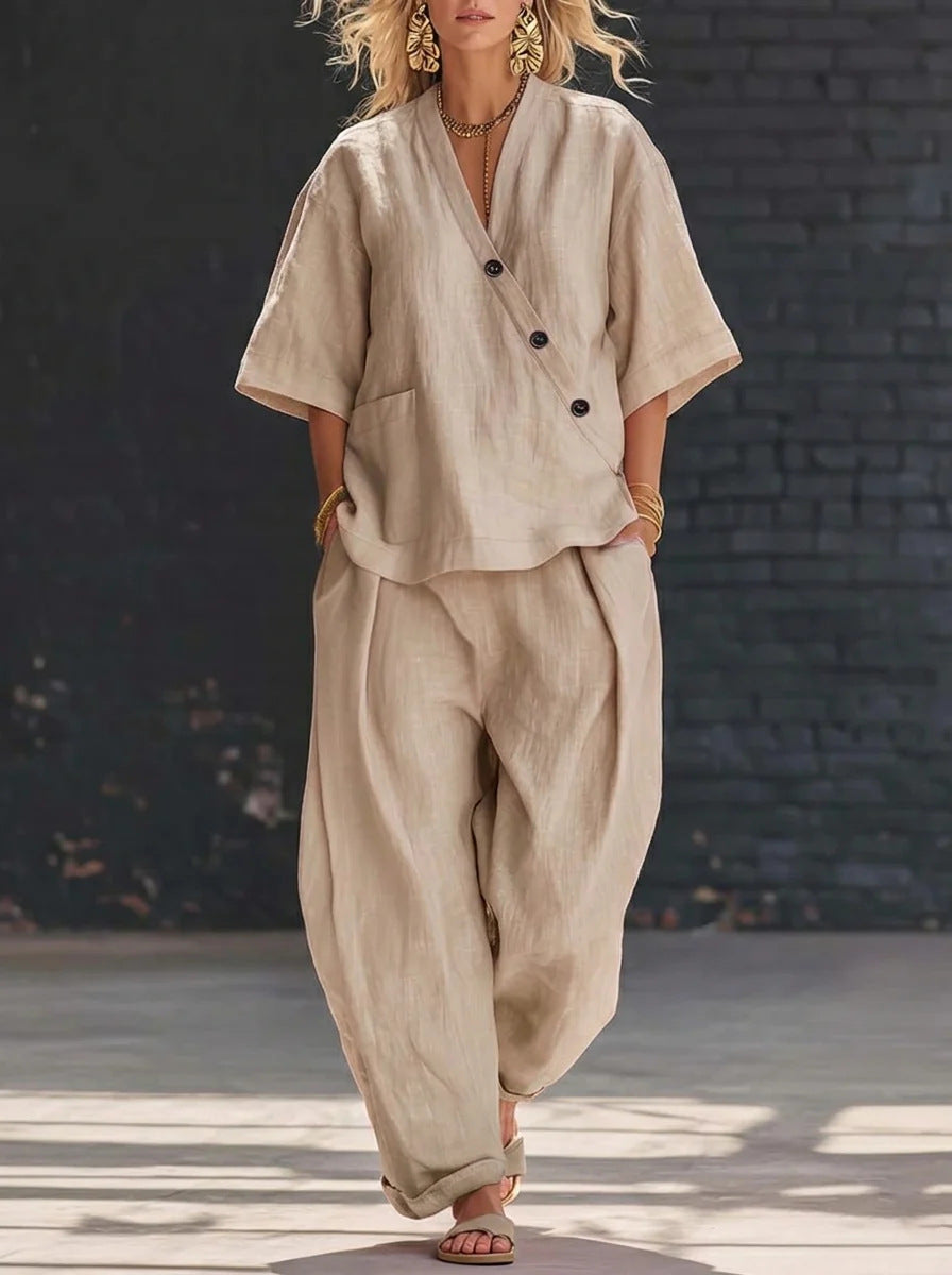 Women's V-Neck Top and Wide-Leg Pants Set – Relaxed Two-Piece