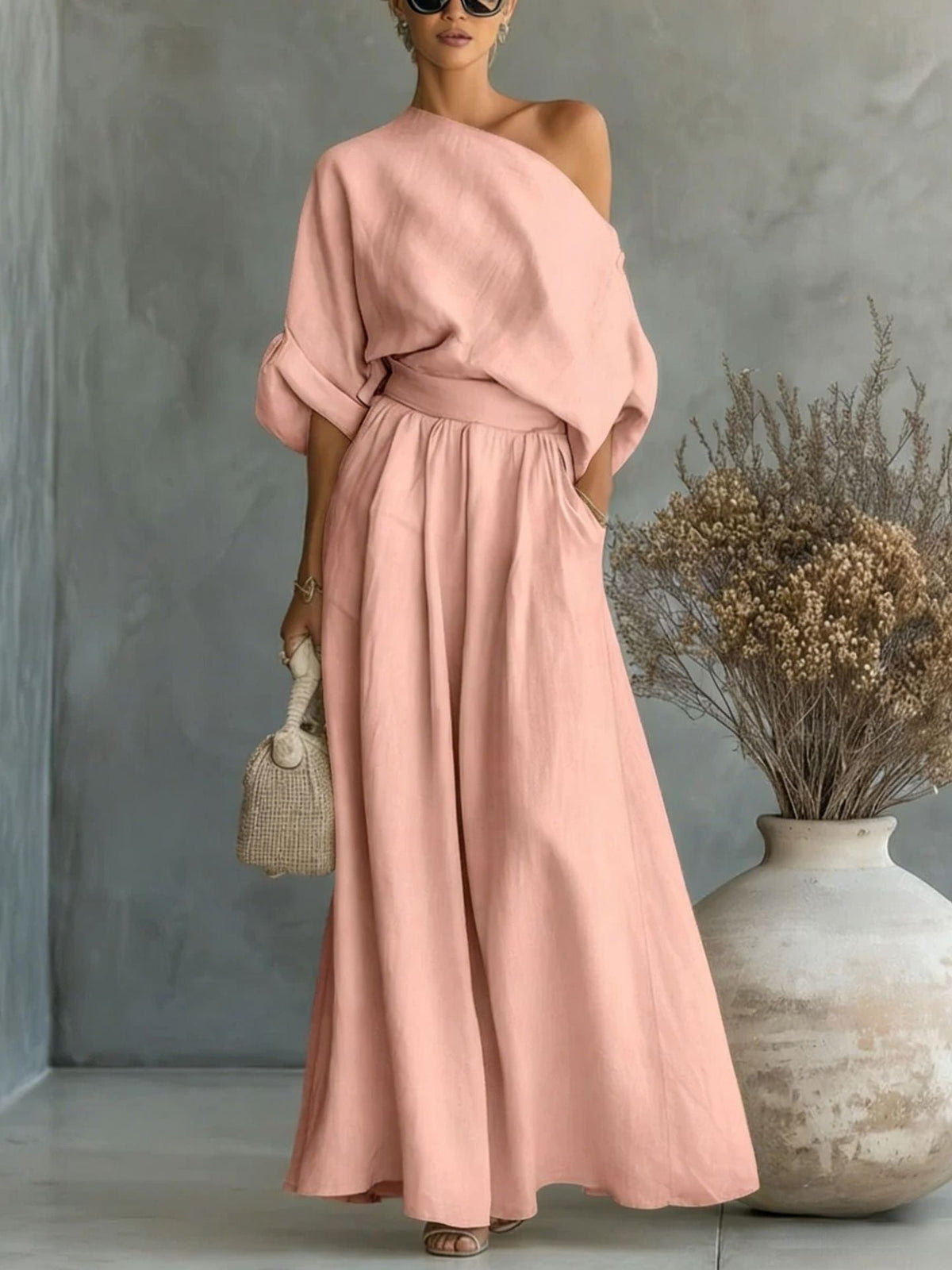 Women's Linen Two-Piece Set – Draped Blouse & Wide-Leg Pants