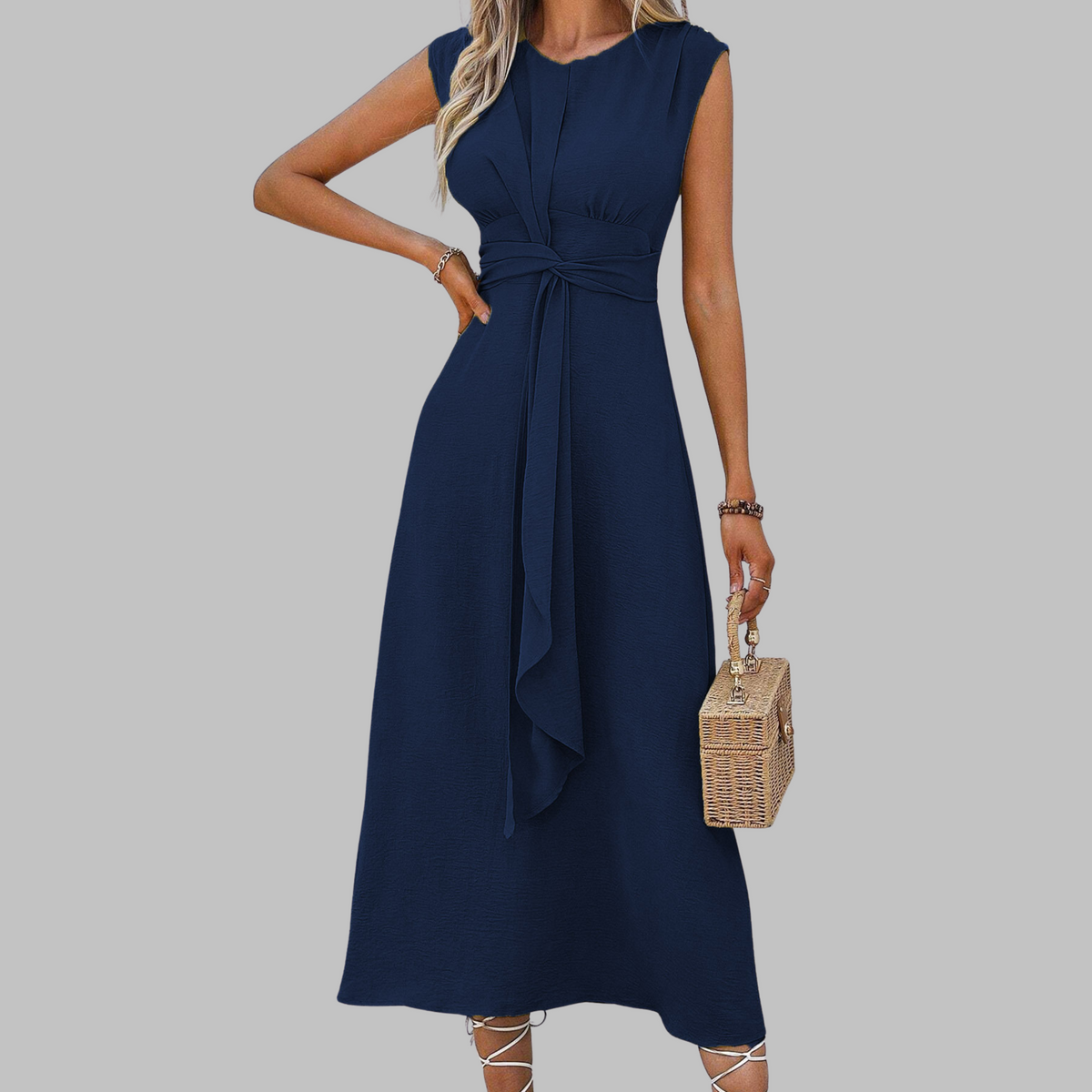 Women's Sleeveless Midi Dress – Crew Neck Tie Waist