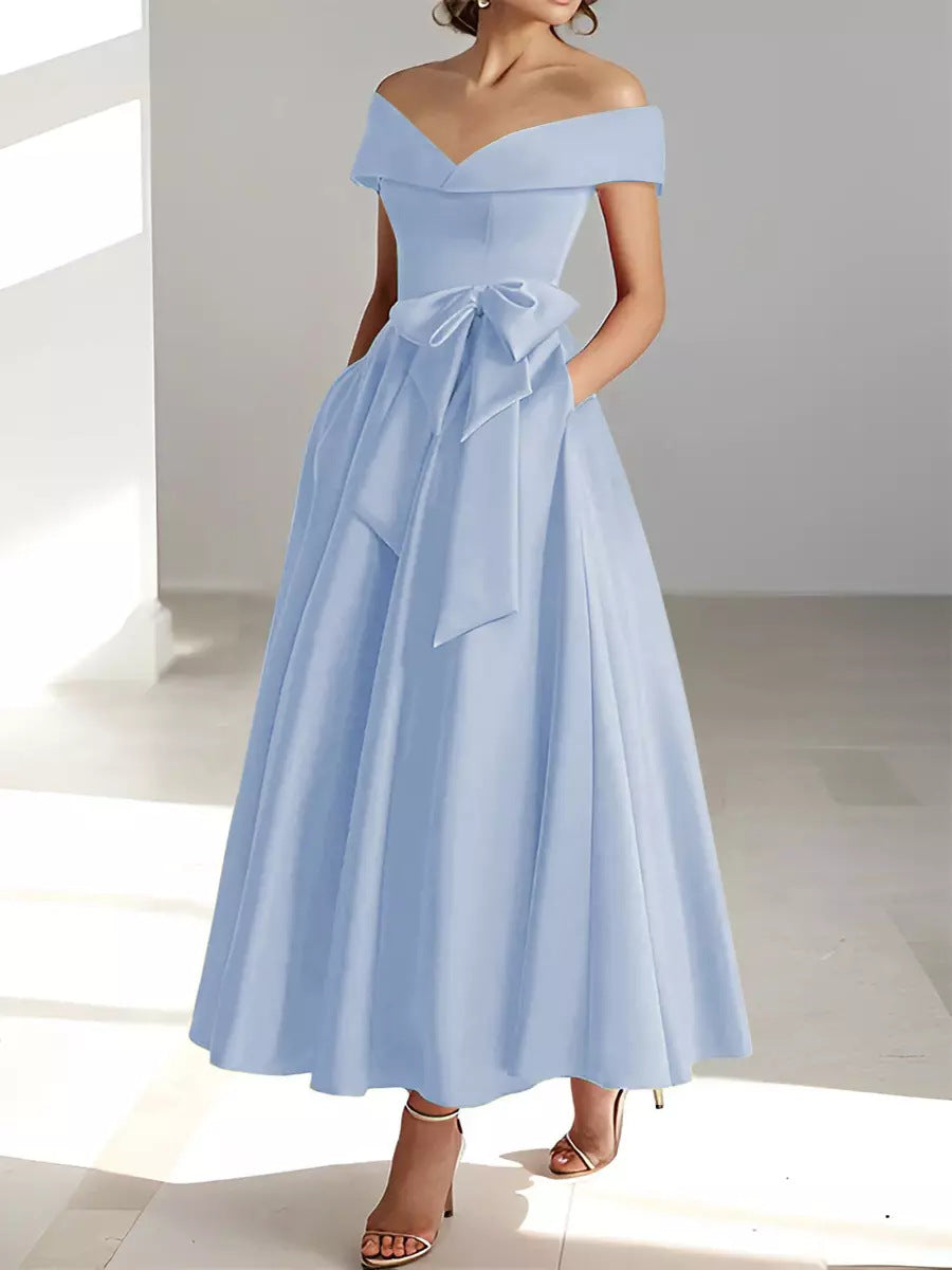 Women's Satin A-Line Dress – Off-Shoulder Ankle Length