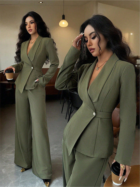 Women's V-Neck Top and Wide-Leg Pants Set – Fluid Drape