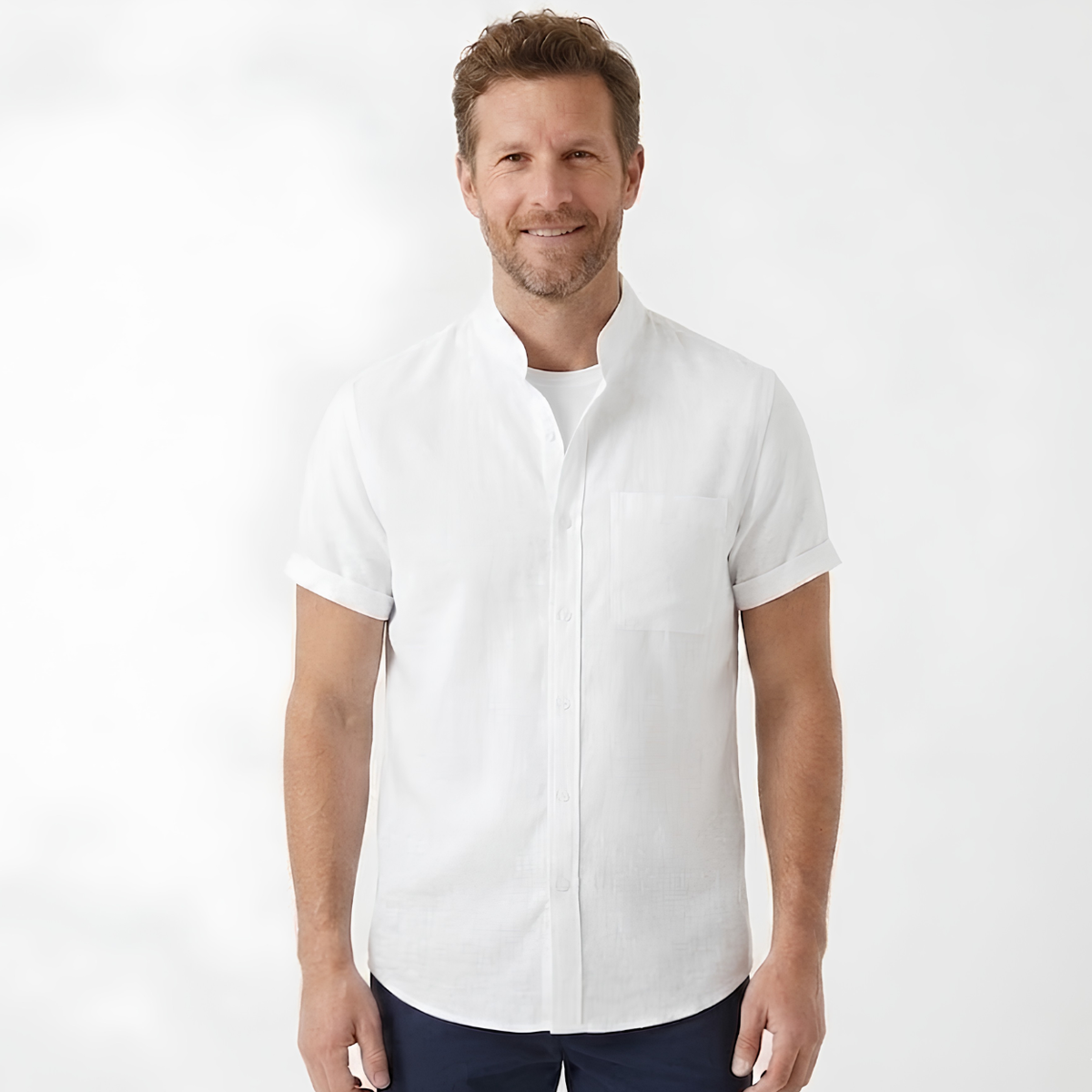 Men's Short-Sleeve Cotton-Linen Shirt – Mandarin Collar