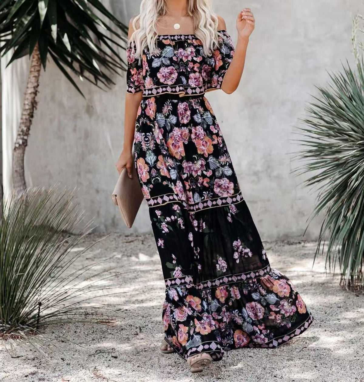 Women's Off-Shoulder Maxi Dress – Belted Flared Hem