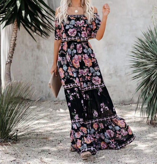 Women's Off-Shoulder Maxi Dress – Belted Flared Hem