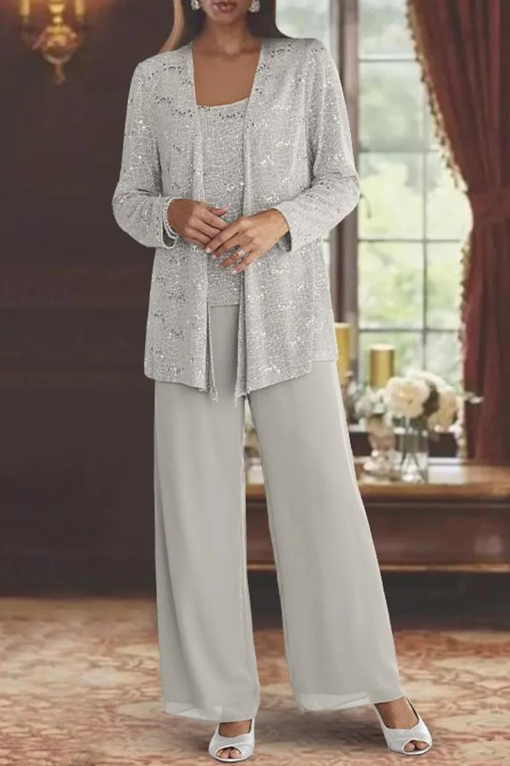 Women's Sequin Lace Suit Set – Three-Piece Wide-Leg