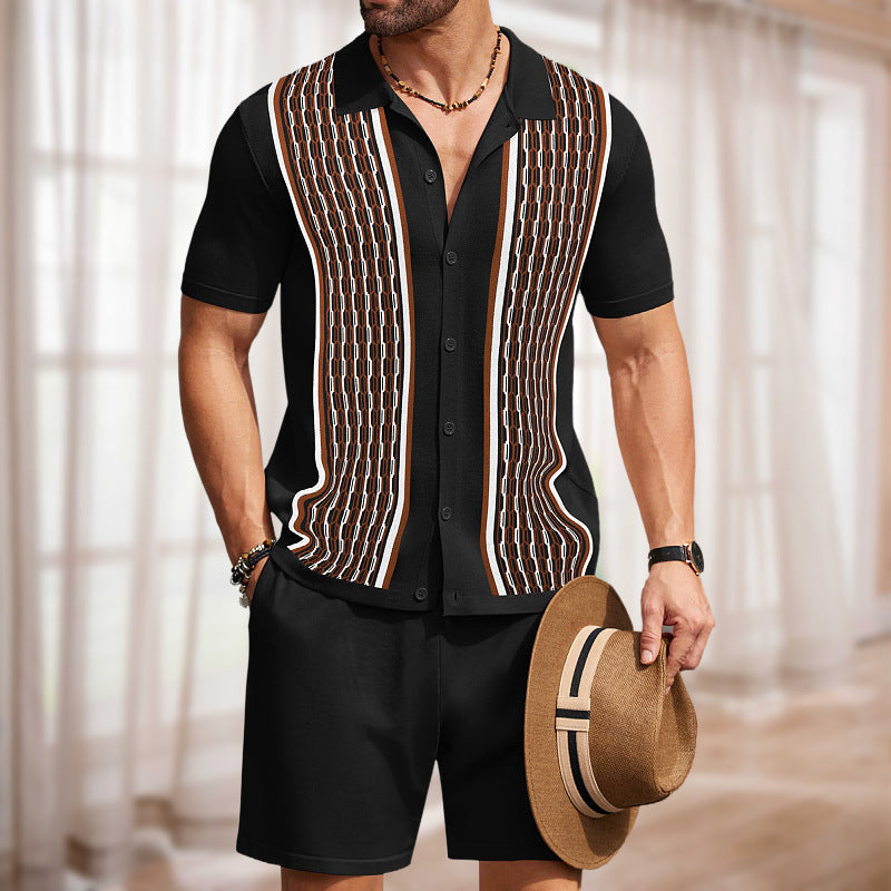 Men's Knit Shirt and Shorts Set – Geometric Textured Panels