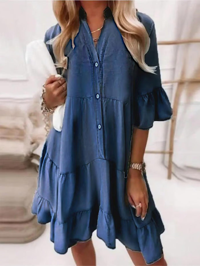 Women's Denim Midi Dress – Half Sleeve Relaxed Fit