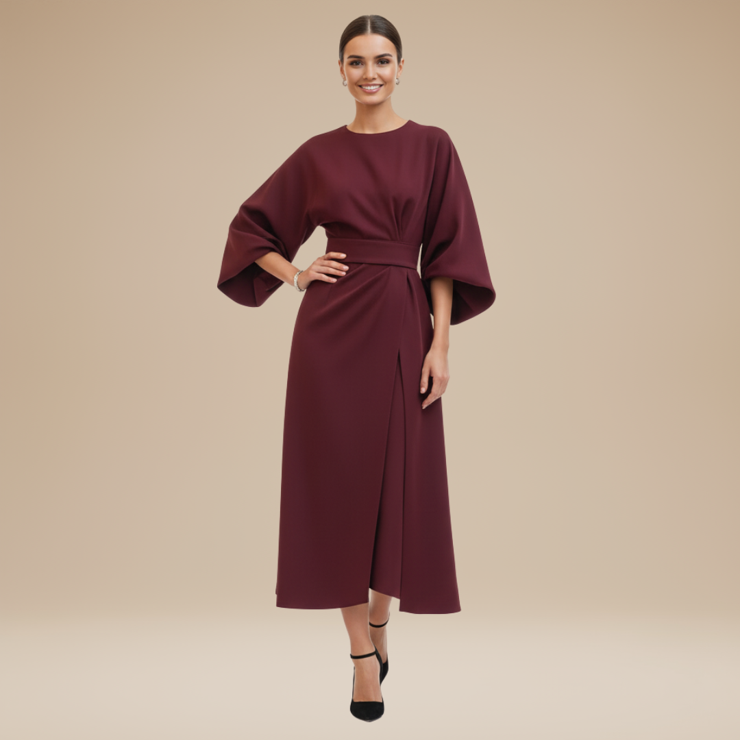 Women's Belted Wrap Midi Dress – Wide Flowing Sleeves