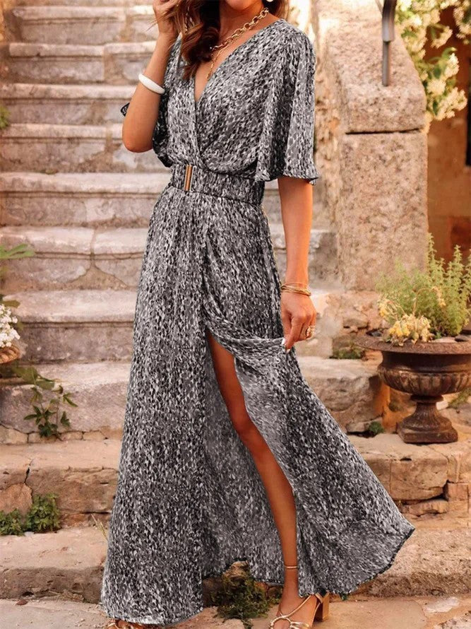 Women's Printed Wrap Maxi Dress – Flutter Sleeve Split Hem