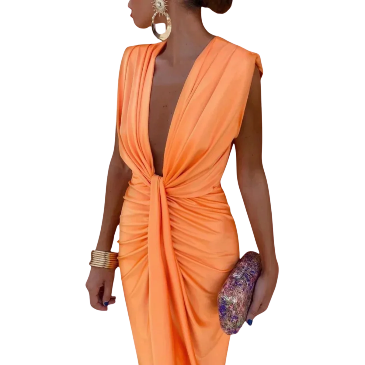 Women's Ruched V-Neck Midi Dress – Draped Knot Front