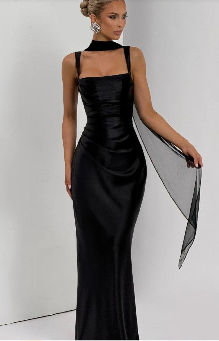 Women's Satin Maxi Dress – Draped Waist Detail