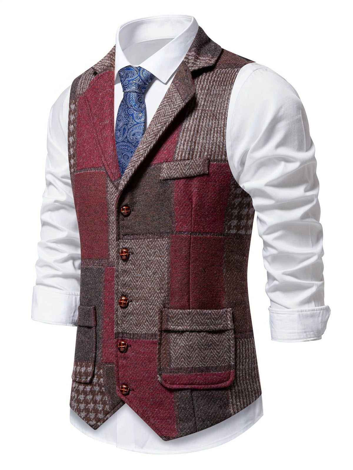 Men's Herringbone Patchwork Vest – Notched Lapel Tweed Look