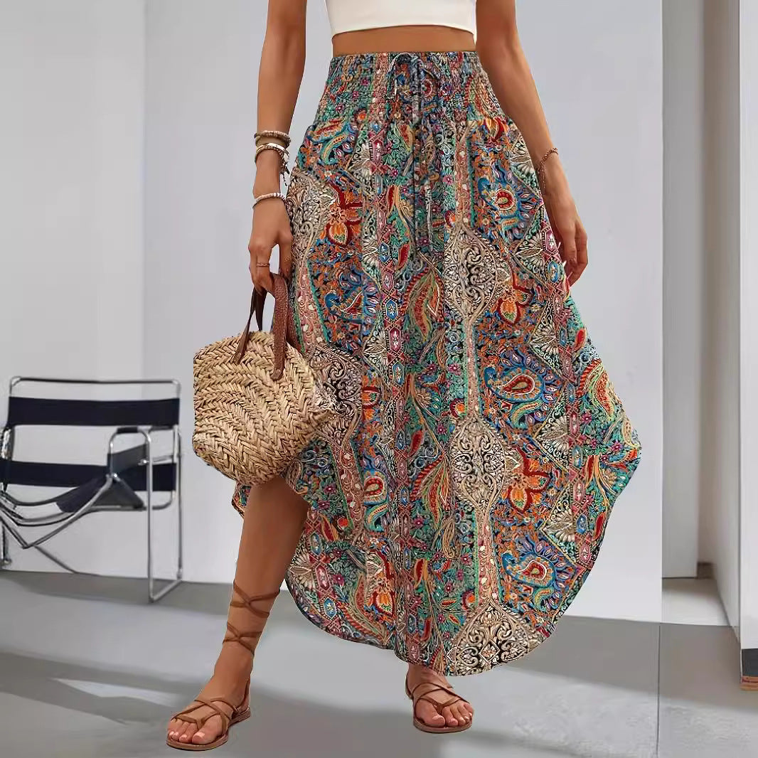 Women's Printed Maxi Skirt – High-Rise Gathered Waist