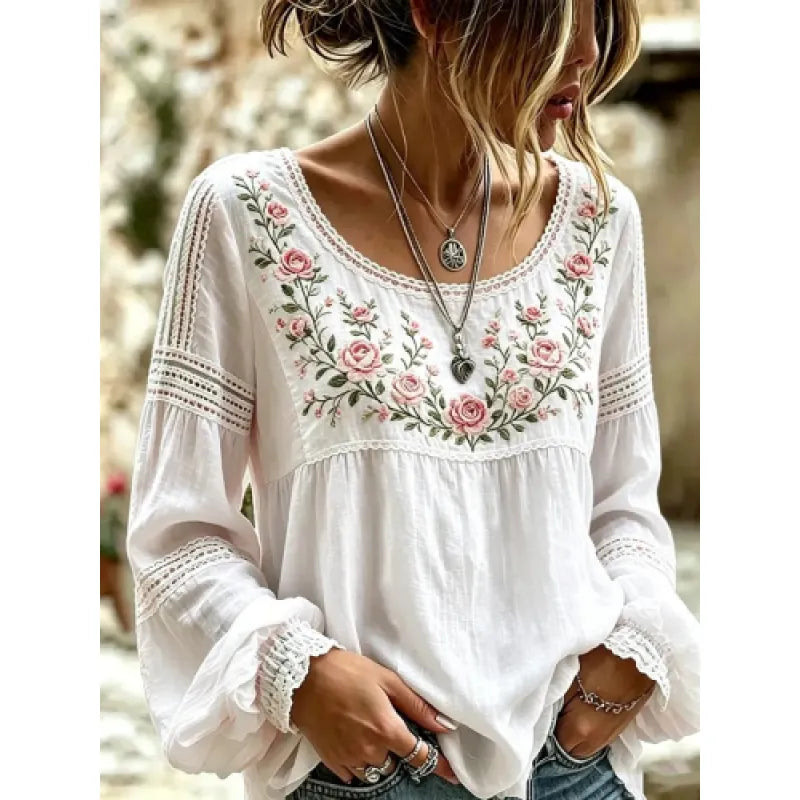 Women's Embroidered Linen-Blend Top – Relaxed Long Sleeve