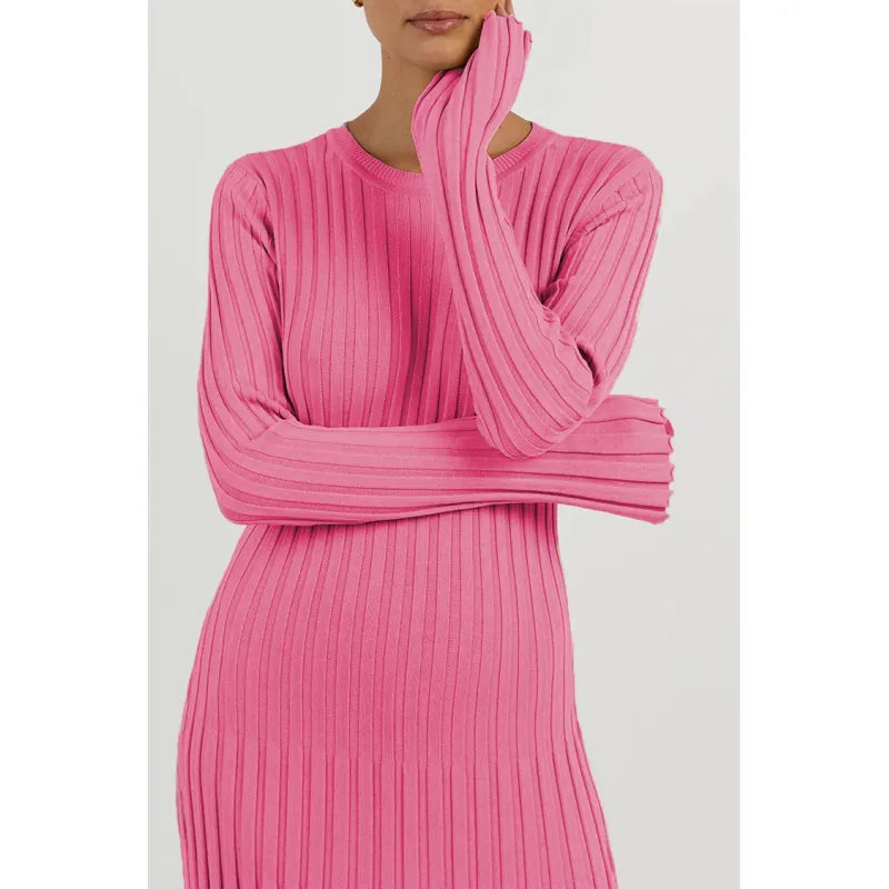 Women's Ribbed Knit Maxi Dress – A-Line Long Sleeve