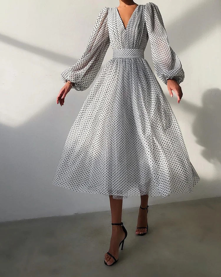 Women's Wrap Midi Dress – Polka Dot Balloon Sleeve