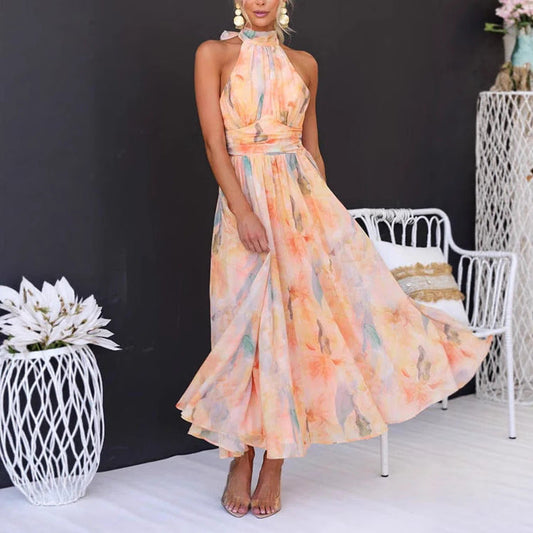 Women's Printed Halterneck Midi Dress – Gathered Tie Neck