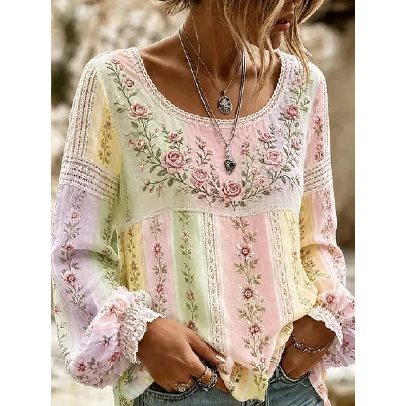 Women's Embroidered Linen-Blend Blouse – Relaxed Long Sleeve