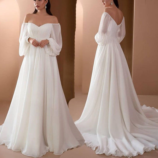 Women's Chiffon Maxi Dress – Off-Shoulder Puff Sleeve Train