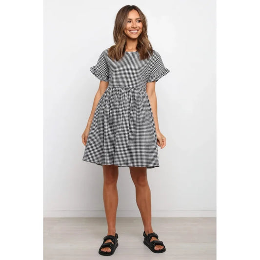Women's Gingham Mini Dress – Flutter Sleeve A-Line