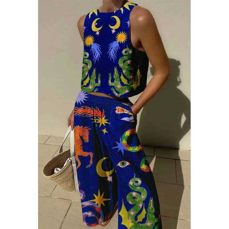Women's Cropped Top and Wide-Leg Pants Set – Celestial Print