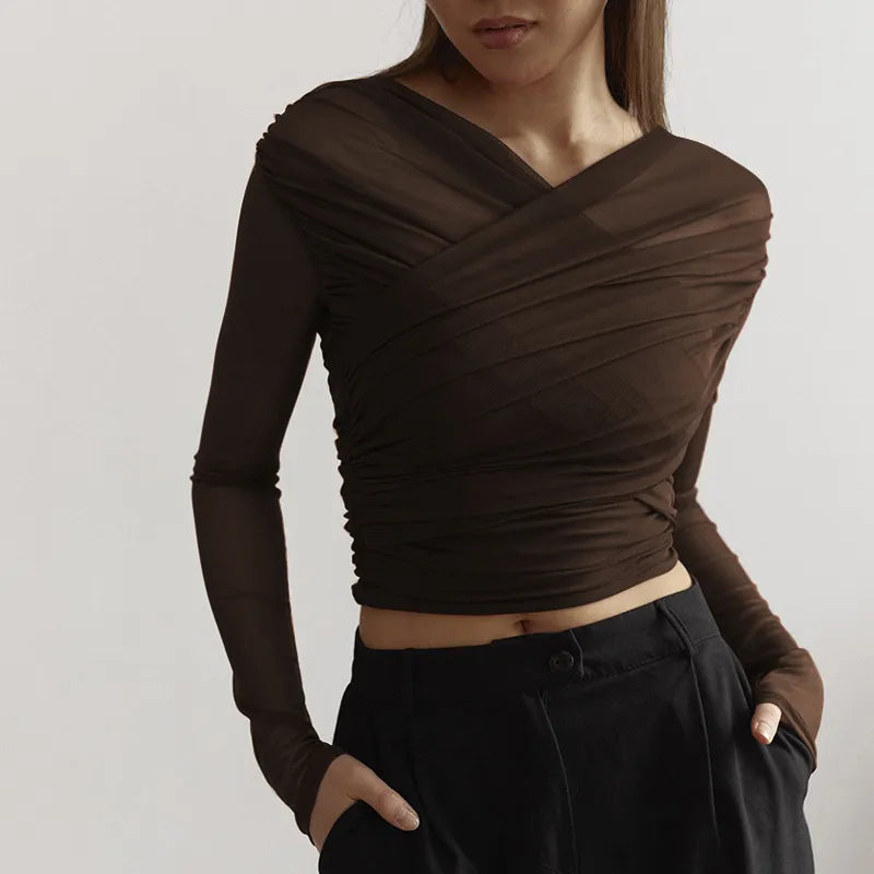 Women's Long Sleeve Top – Pleated Front Fitted