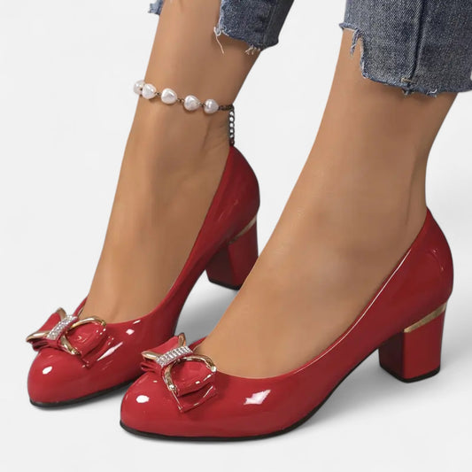Women's Patent Block Heels – Bow Detail Round Toe