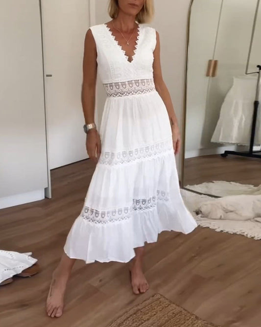Women's Lace Midi Dress – Tiered Sleeveless V-Neck