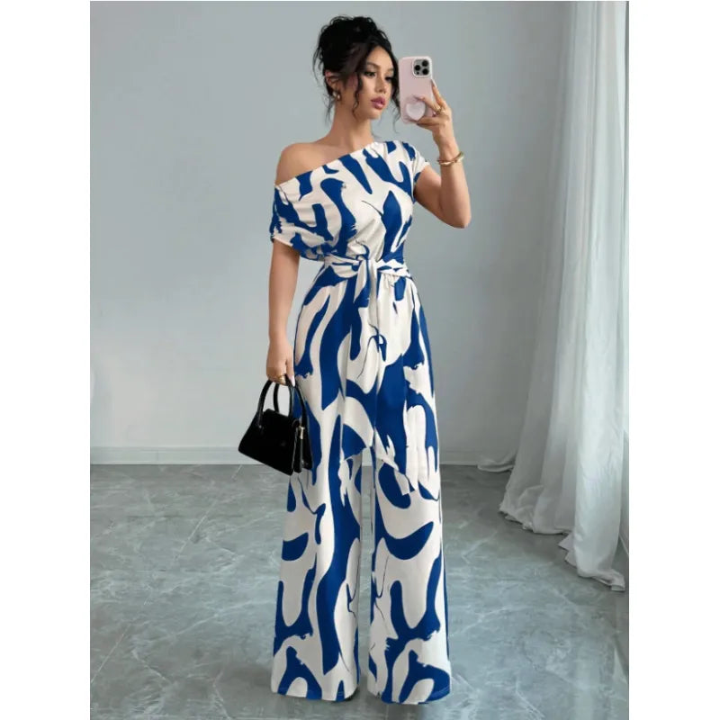 Women's One-Shoulder Jumpsuit – Wide-Leg Abstract Print