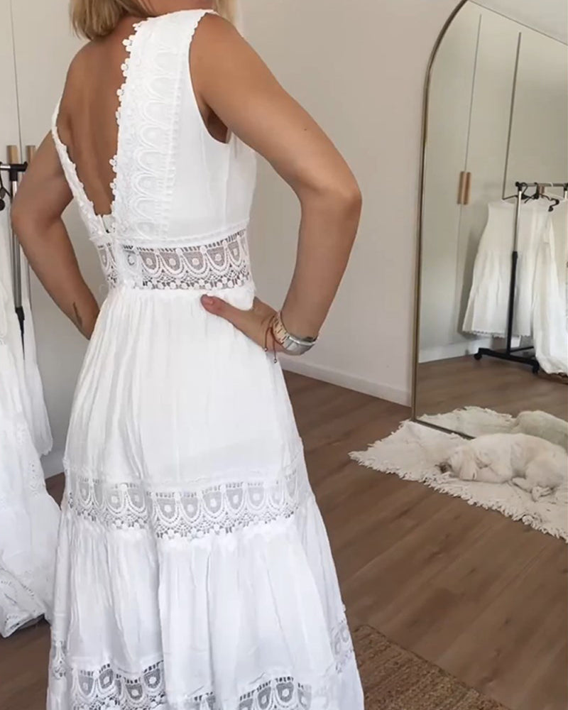 Women's Lace Midi Dress – Tiered Sleeveless V-Neck